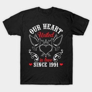 Husband Wife Our Heart United In Love Since 1991 Happy Wedding Married 29 Years Anniversary T-Shirt